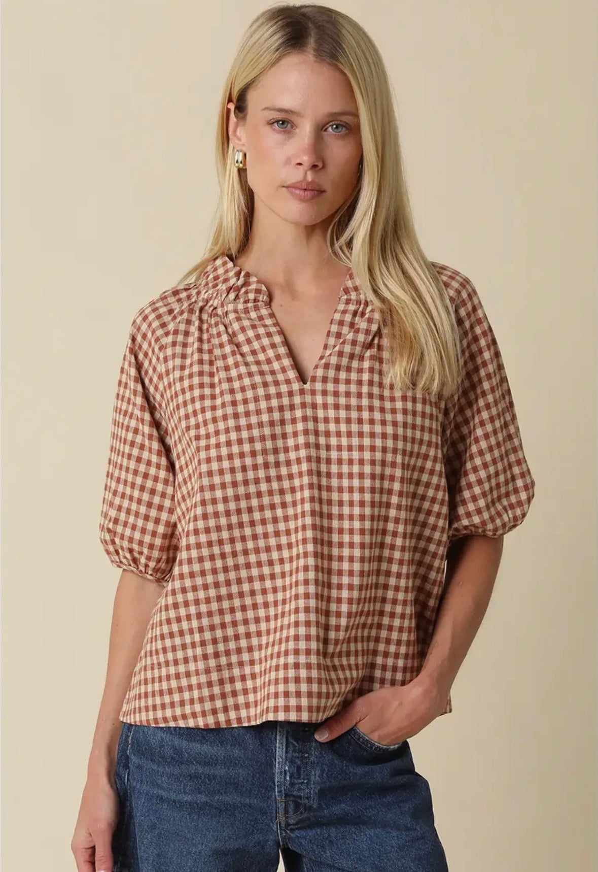 Gingham Puff Sleeve Blouse