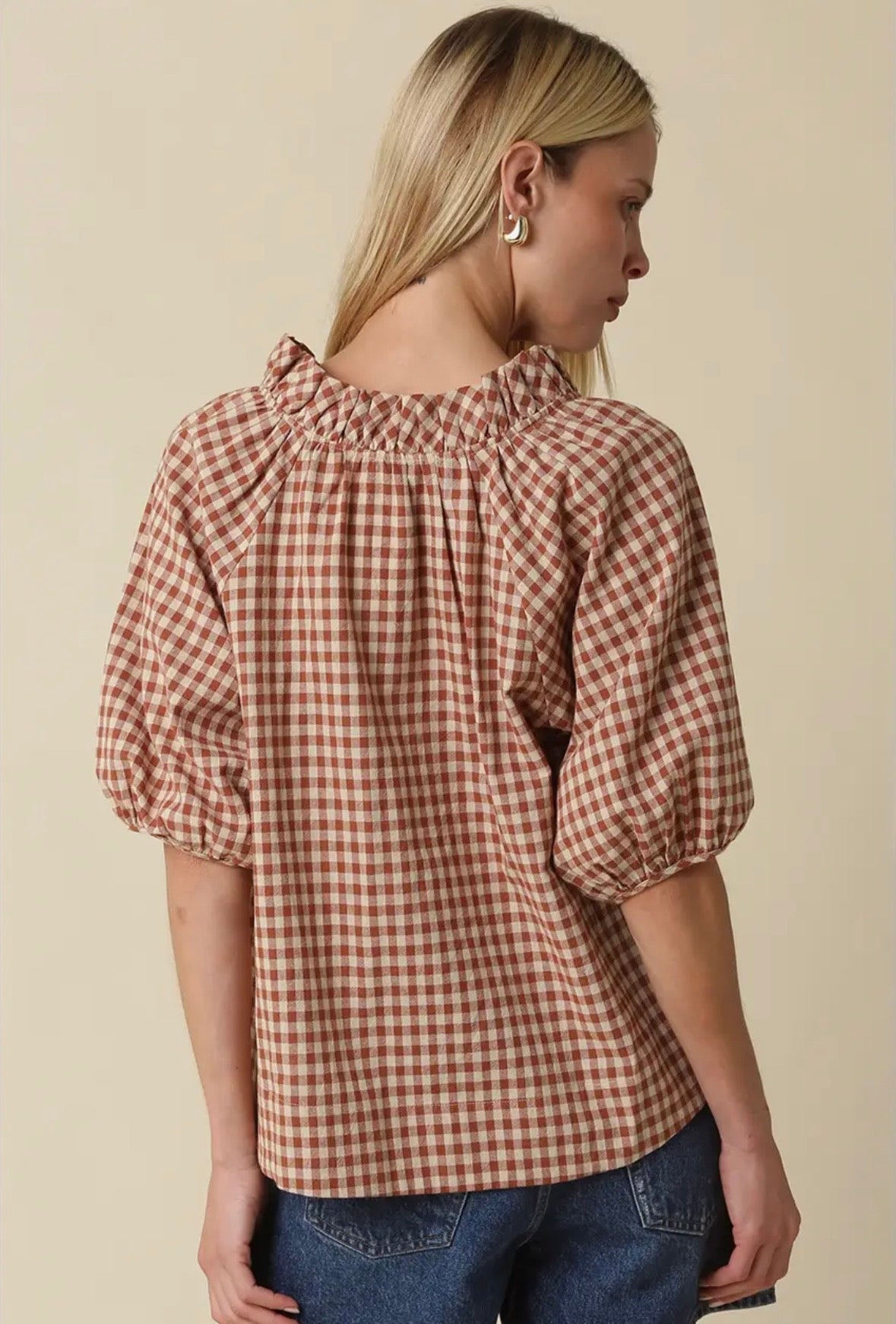 Gingham Puff Sleeve Blouse
